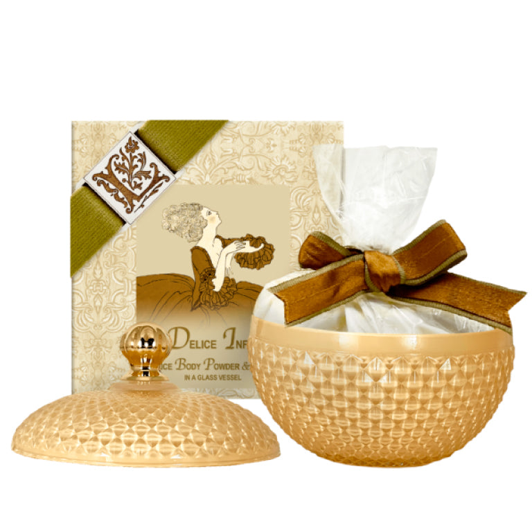 Delice Infini Rice Body Powder 6oz. in a Glass Vessel