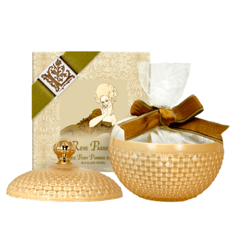 Reve Passionel Rice Body Powder 6oz. in a Glass Vessel