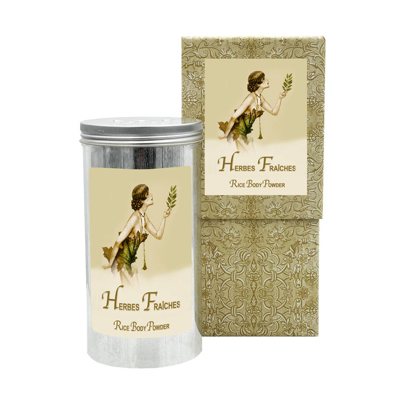 Herbes Fraiches Rice Body Powder in an Aluminum Canister